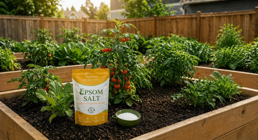 Epsom Salt Fertilizer placed in a vegetable garden bed with growing tomato plants to improve plant health and growth