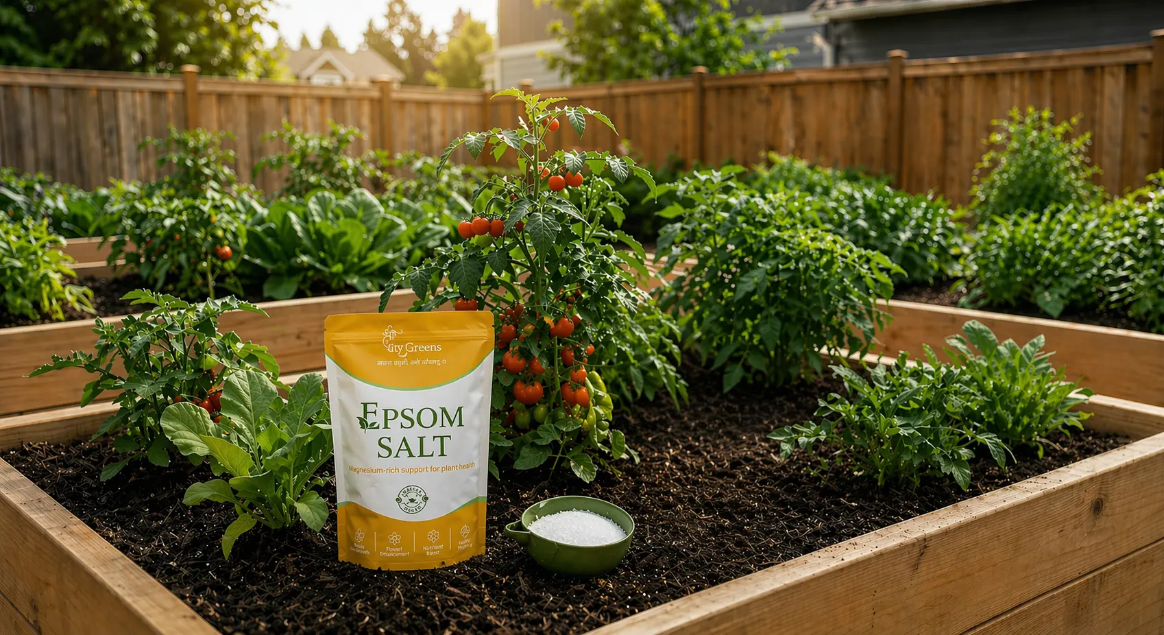 Epsom Salt Fertilizer placed in a vegetable garden bed with growing tomato plants to improve plant health and growth