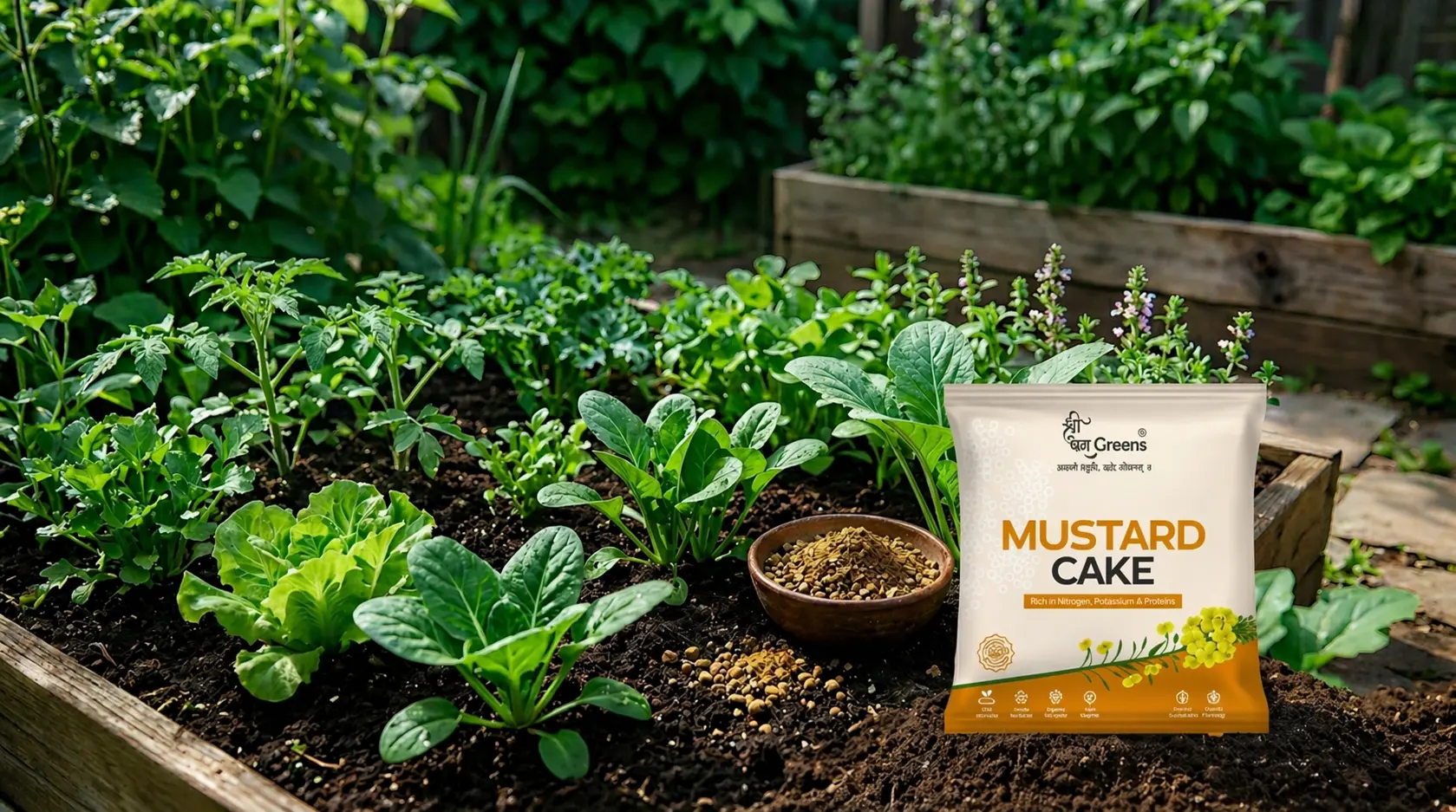 Mustard Cake Fertilizer applied in vegetable garden soil to promote healthy plant growth naturally