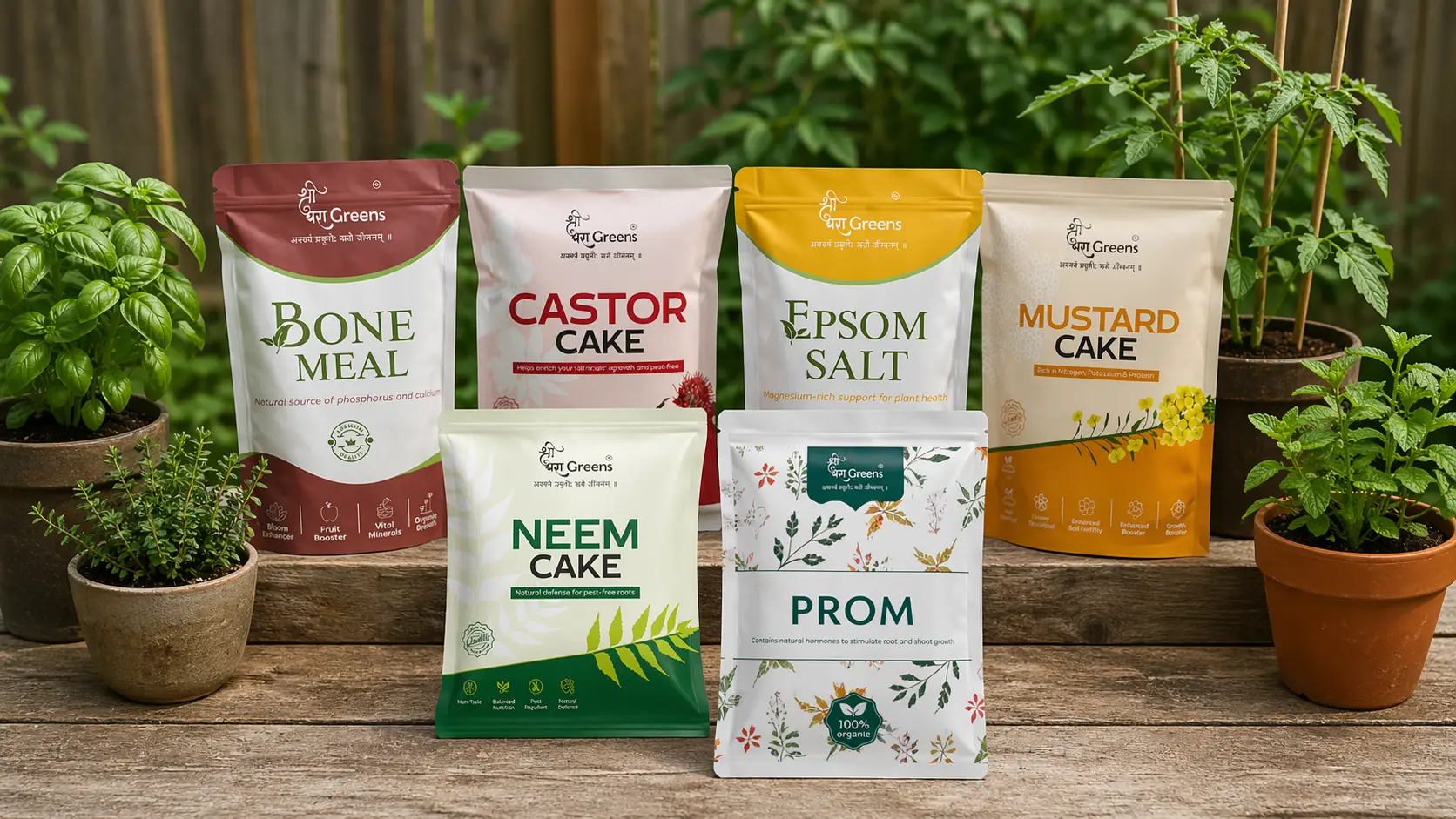 Organic fertilizer products including bone meal, neem cake, epsom salt, mustard cake, castor cake and PROM placed with potted plants in a home garden
