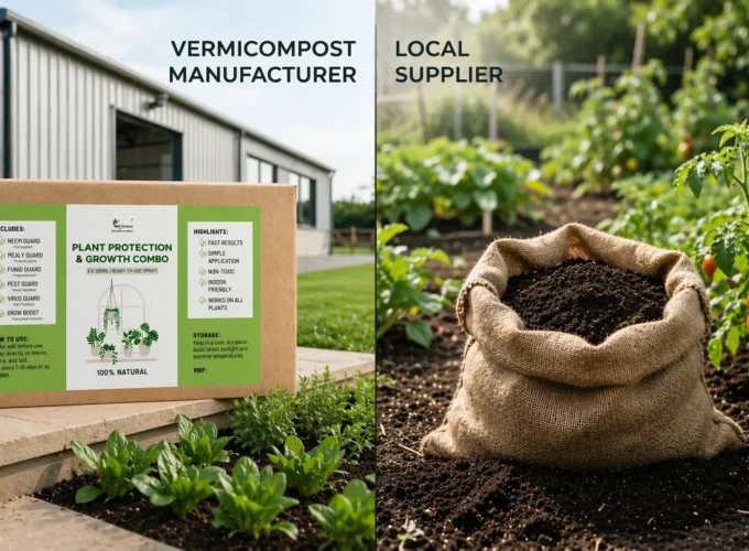 Side-by-side comparison of vermicompost manufacturer product box and local supplier compost sack in a vegetable garden