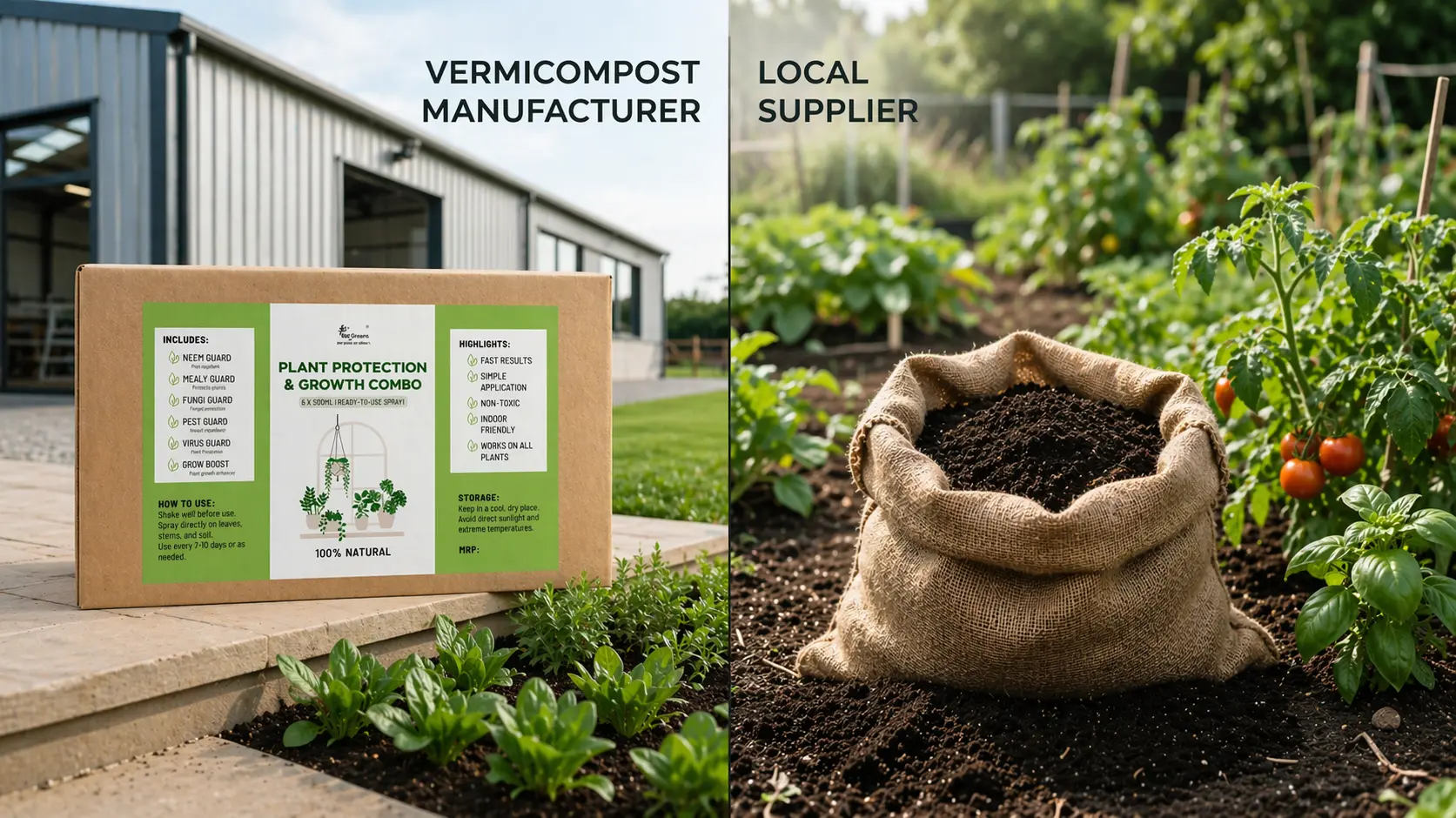 Side-by-side comparison of vermicompost manufacturer product box and local supplier compost sack in a vegetable garden