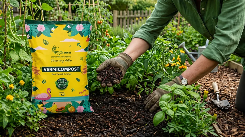 Gardener applying vermicompost with earthworms to soil near vegetable plants in a home garden