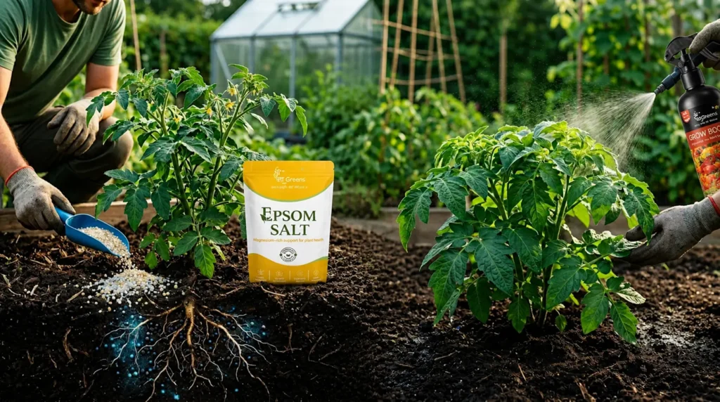 Gardener applying Epsom salt to soil and spraying plants in a lush vegetable garden with visible healthy roots and green foliage