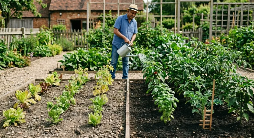 Gardener watering vegetable plants showing healthy green crops on one side and weak yellow plants on the other