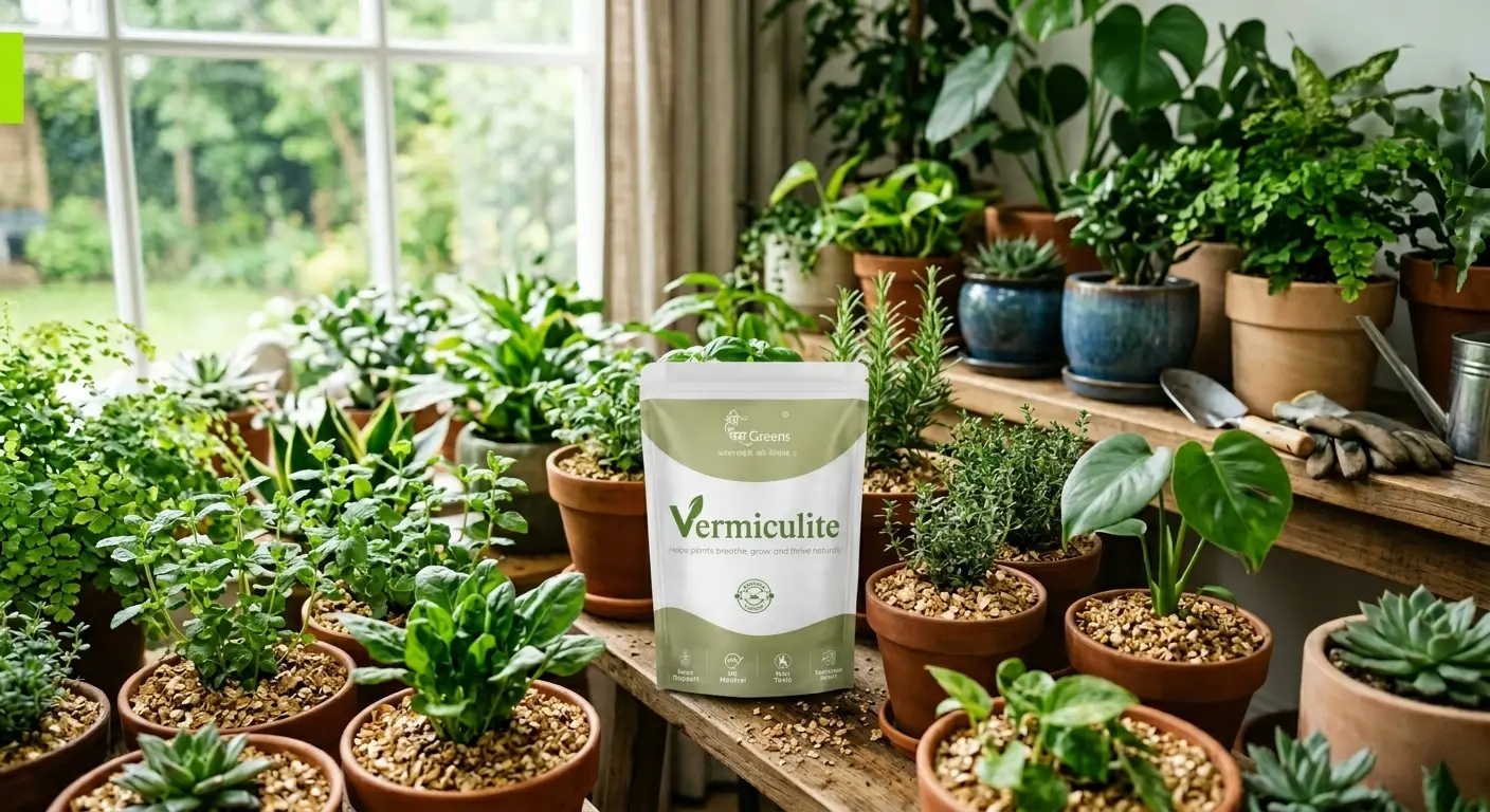 Vermiculite UsesAI showing indoor potted plants with vermiculite soil mix for better growth and moisture retention