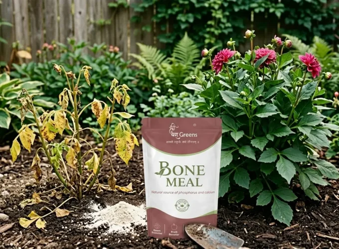 Bone Meal Fertilizer Mistakes showing unhealthy yellow plant next to healthy flowering plant with bone meal fertilizer in garden soil