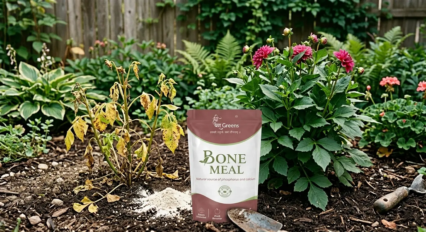 Bone Meal Fertilizer Mistakes showing unhealthy yellow plant next to healthy flowering plant with bone meal fertilizer in garden soil