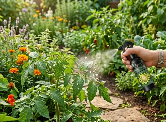 Neem Spray for Plants being applied on tomato plant leaves to remove pests in a healthy garden