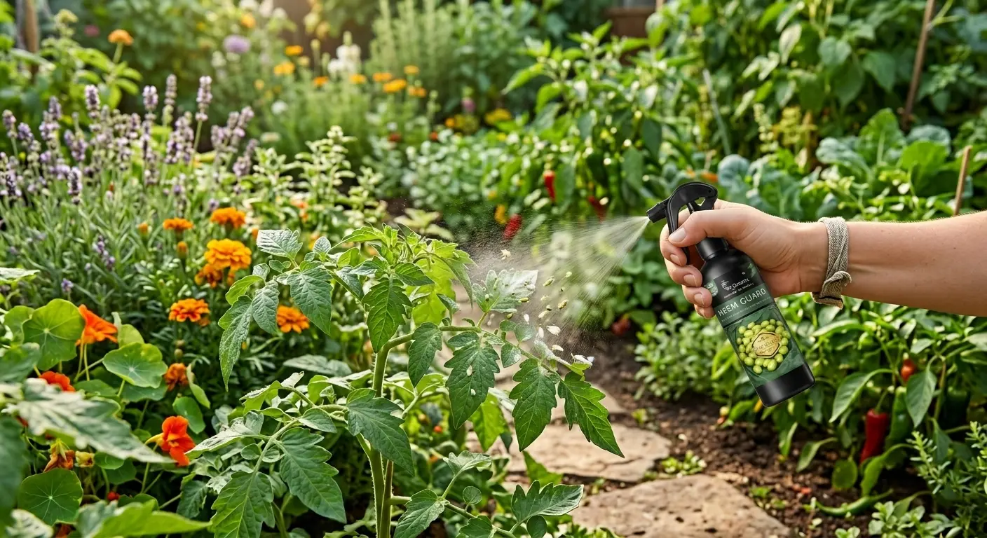 Neem Spray for Plants being applied on tomato plant leaves to remove pests in a healthy garden