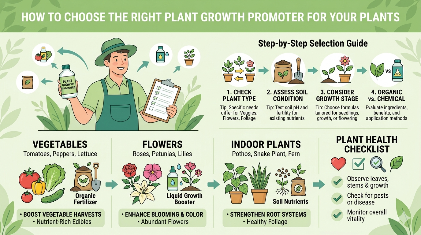Infographic showing how to choose the right plant growth promoter, featuring vegetables, flowers, indoor plants, soil nutrients, organic vs chemical options, and a plant health checklist.