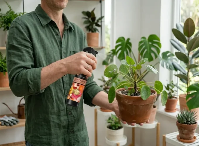 Person spraying mealybug spray for plants on indoor potted plant to remove pests