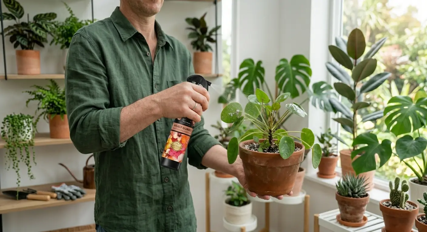 Person spraying mealybug spray for plants on indoor potted plant to remove pests