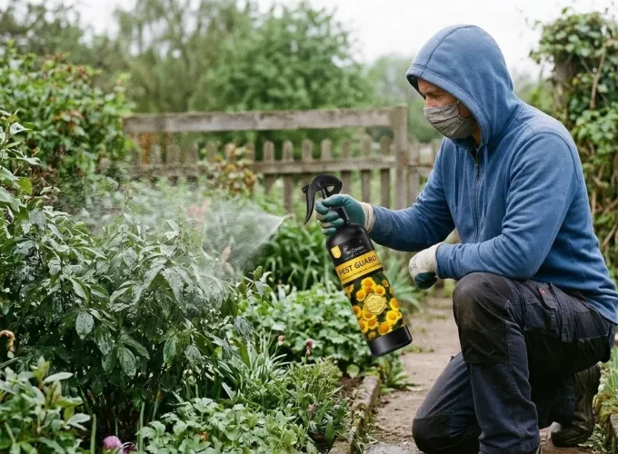 Person wearing mask and gloves spraying pesticide on green plants in a home garden