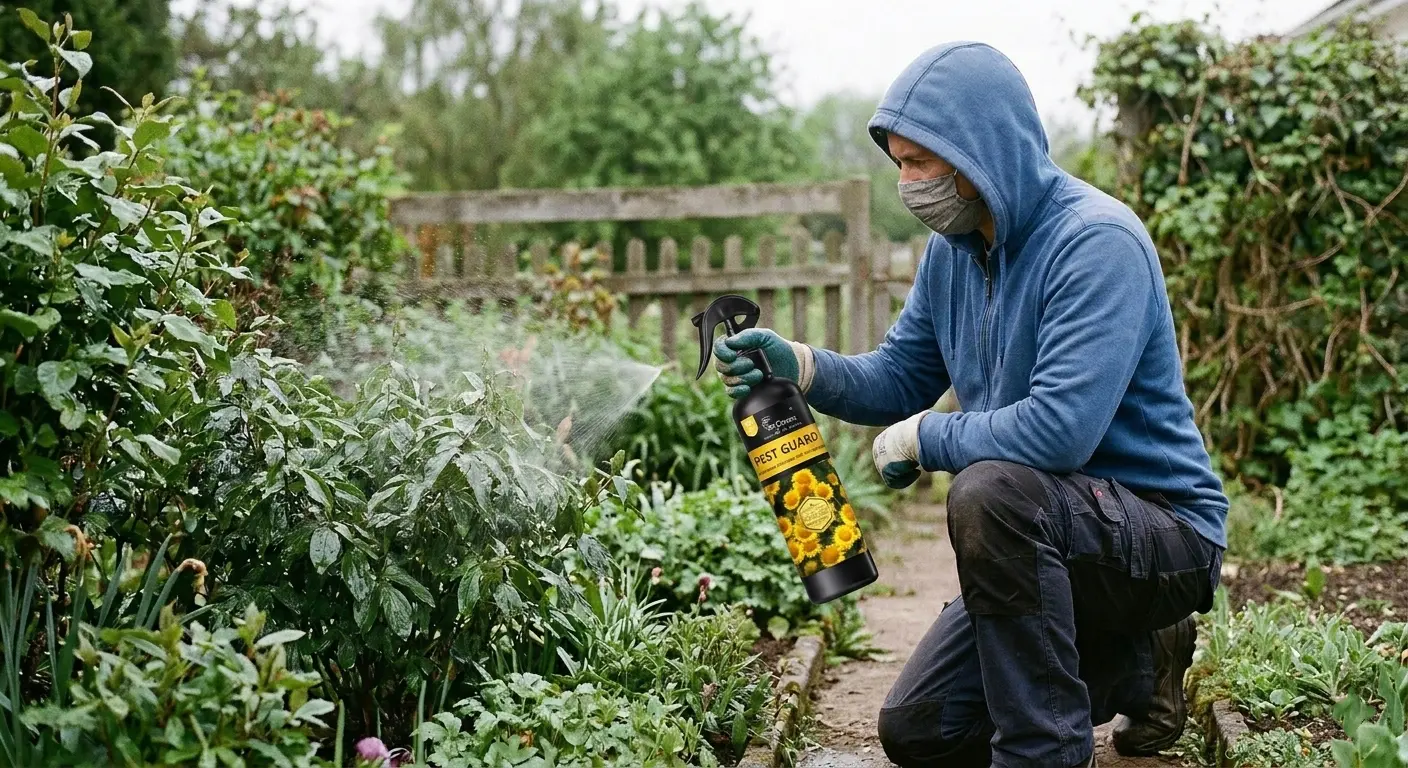 Person wearing mask and gloves spraying pesticide on green plants in a home garden