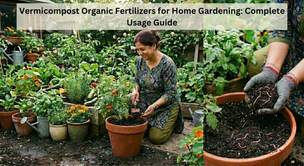 A woman kneeling in a lush home garden adds vermicompost to a potted plant, while a close-up shows hands holding soil mixed with earthworms.