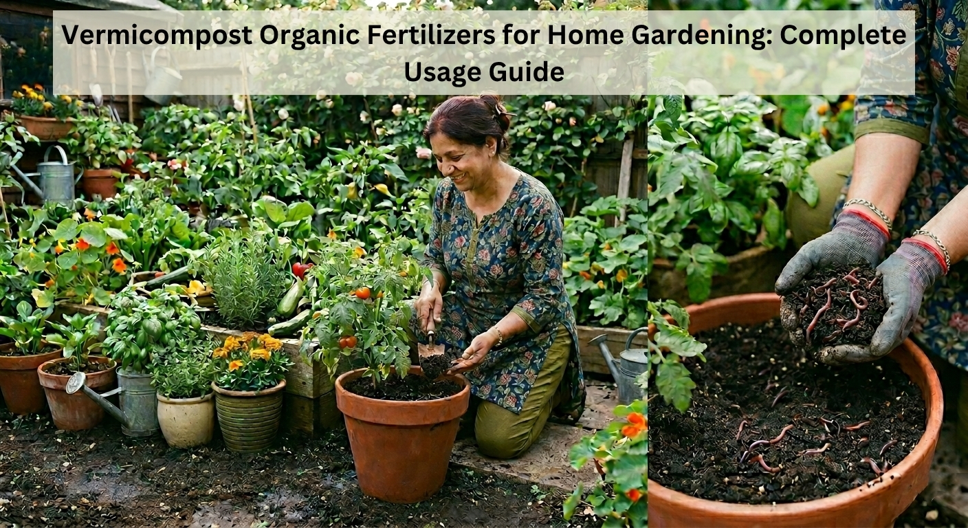 A woman kneeling in a lush home garden adds vermicompost to a potted plant, while a close-up shows hands holding soil mixed with earthworms.