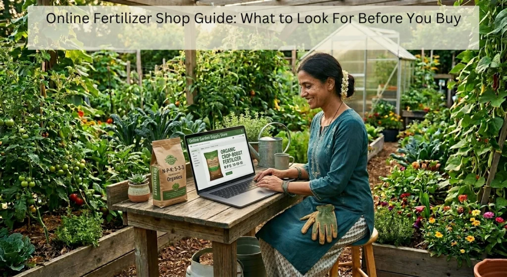 Woman sitting at a wooden table in a lush vegetable garden, using a laptop to browse organic fertilizer products, with gardening tools and plants surrounding her.