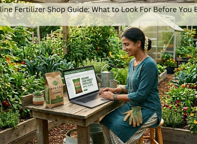 Woman sitting at a wooden table in a lush vegetable garden, using a laptop to browse organic fertilizer products, with gardening tools and plants surrounding her.