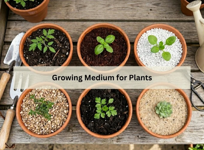 Six small potted plants arranged on a wooden table, each in a different growing medium such as soil, gravel, bark, and sand, with gardening tools and a watering can nearby.