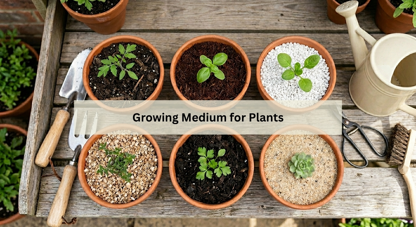 Six small potted plants arranged on a wooden table, each in a different growing medium such as soil, gravel, bark, and sand, with gardening tools and a watering can nearby.