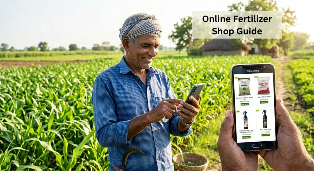 Farmer using a smartphone to browse an online fertilizer shop while standing in a green agricultural field
