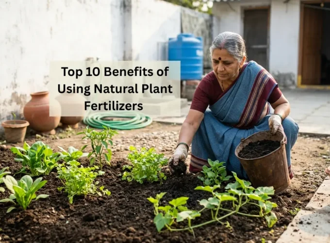 Elderly woman applying natural organic fertilizer to healthy green plants in a home garden with soil beds and pots