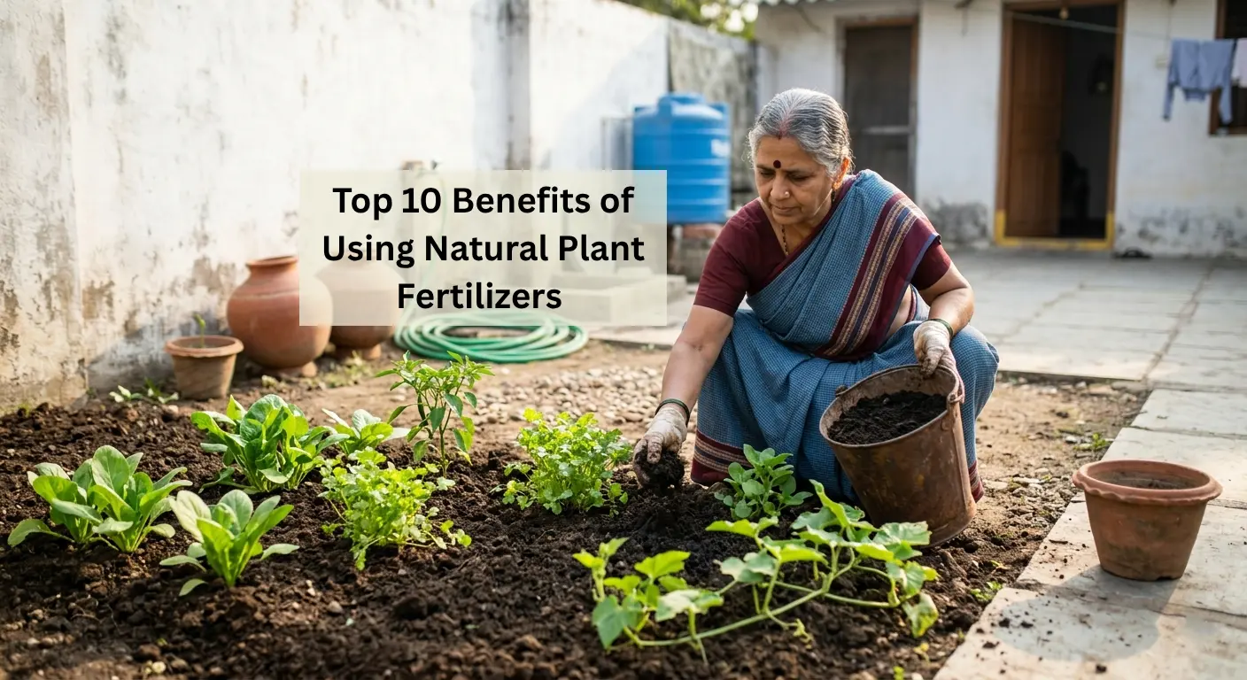 Elderly woman applying natural organic fertilizer to healthy green plants in a home garden with soil beds and pots