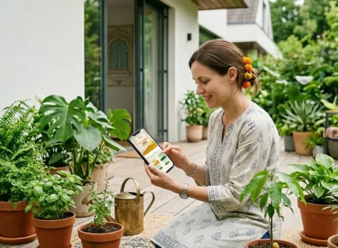 Woman using a smartphone to buy fertilizer online while sitting in a home garden surrounded by potted plants