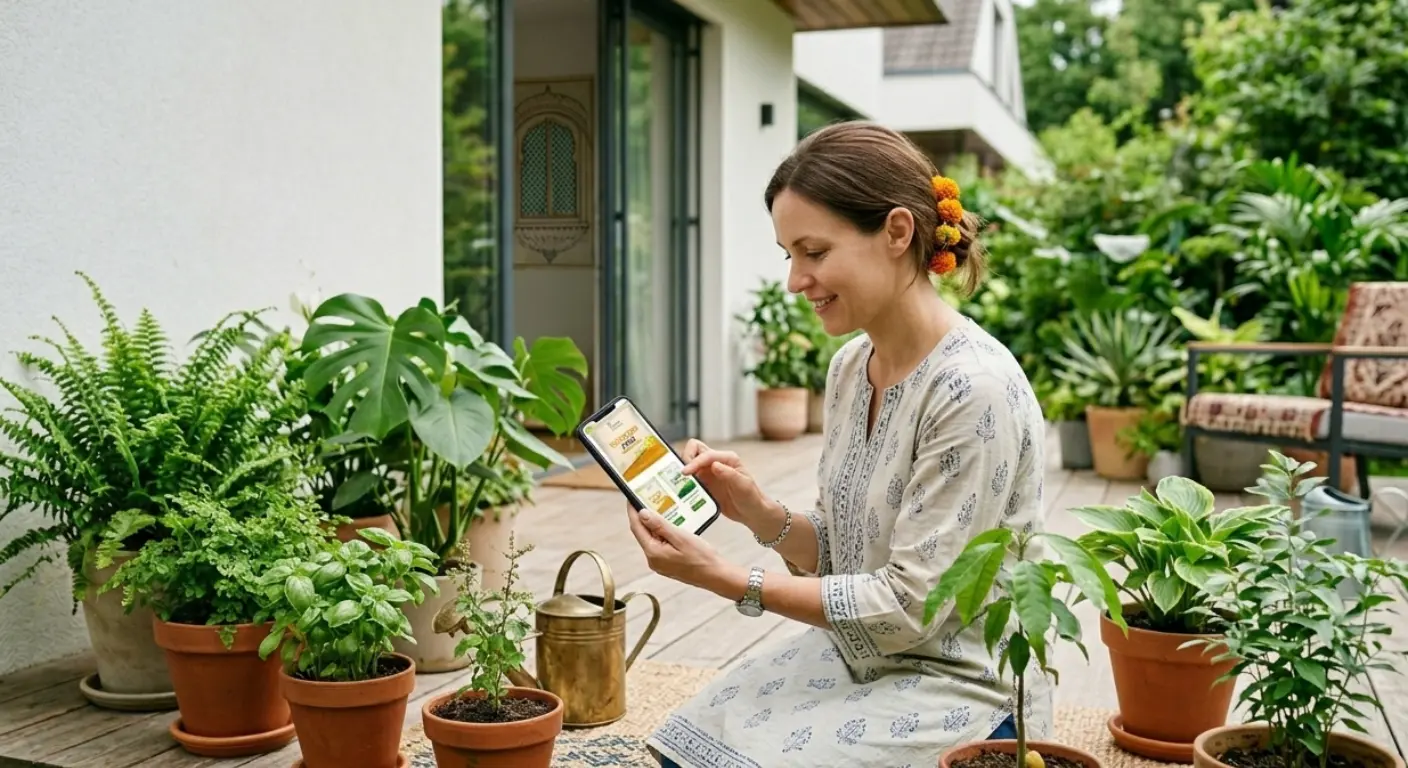 Woman using a smartphone to buy fertilizer online while sitting in a home garden surrounded by potted plants