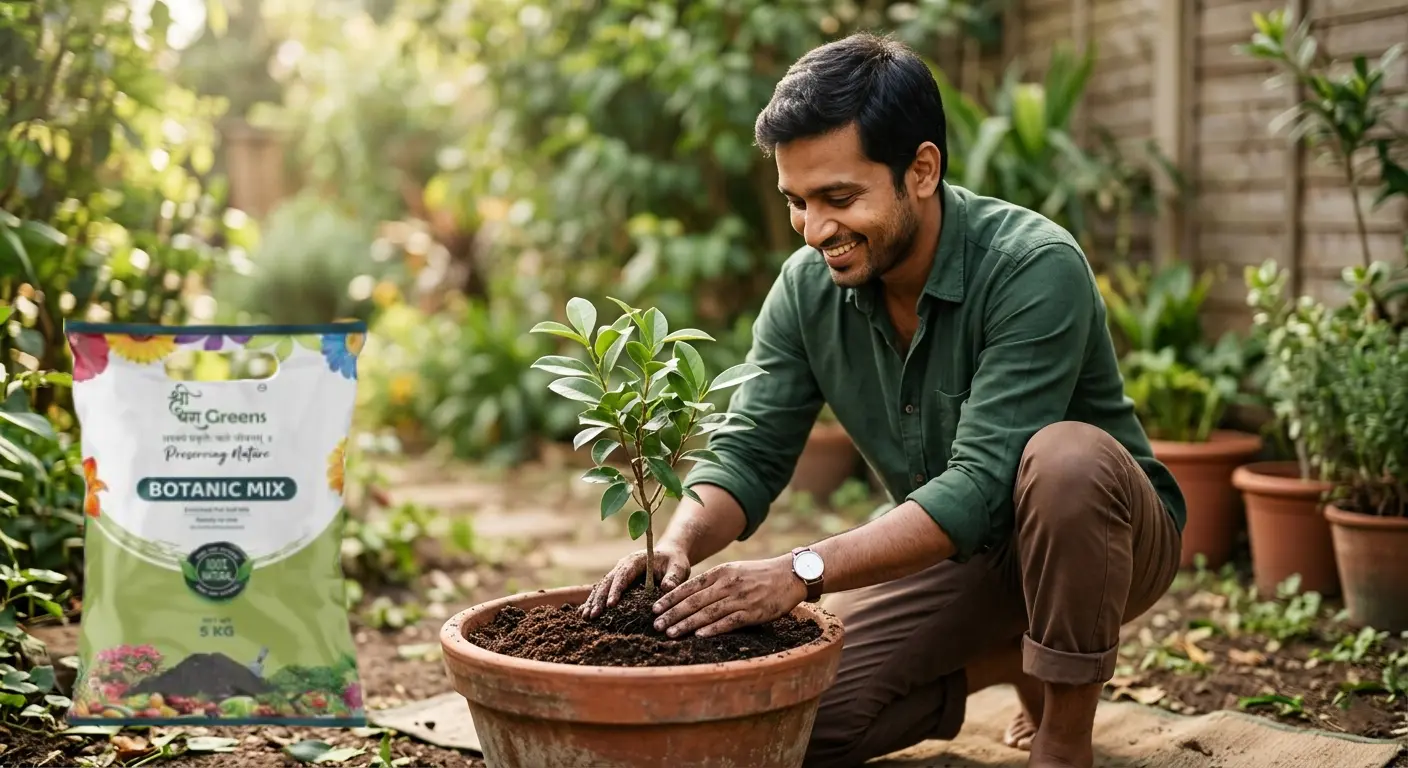 Man planting a small tree in a pot using potting soil mix in a home garden