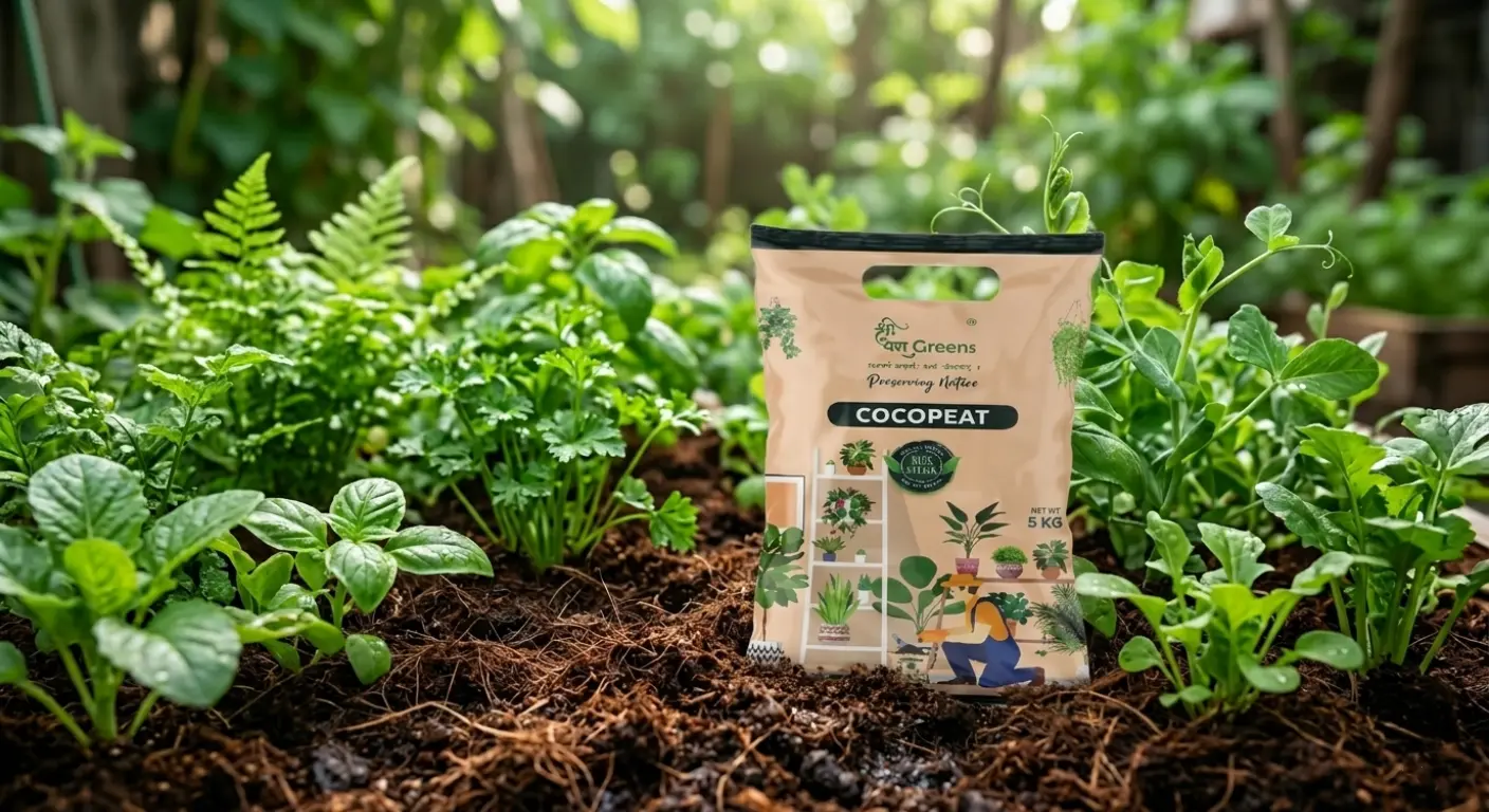 Bag of cocopeat compost placed in a lush green garden with growing plants