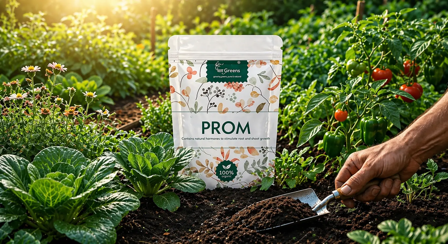 Phosphate Rich Organic Manure PROM fertilizer bag placed in garden soil with vegetables and plants growing around