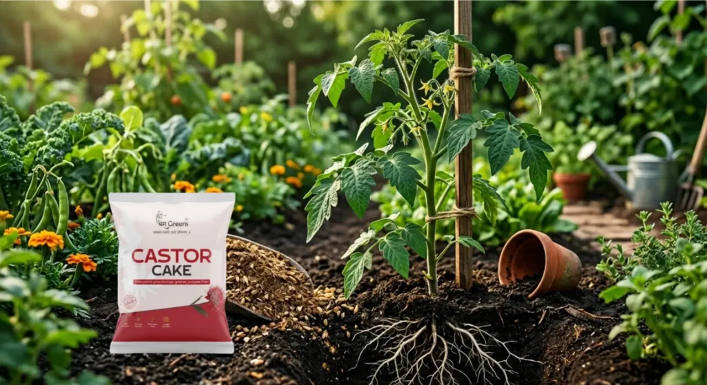 Castor Cake Fertilizer being applied to a healthy tomato plant in an organic garden with visible roots and rich soil