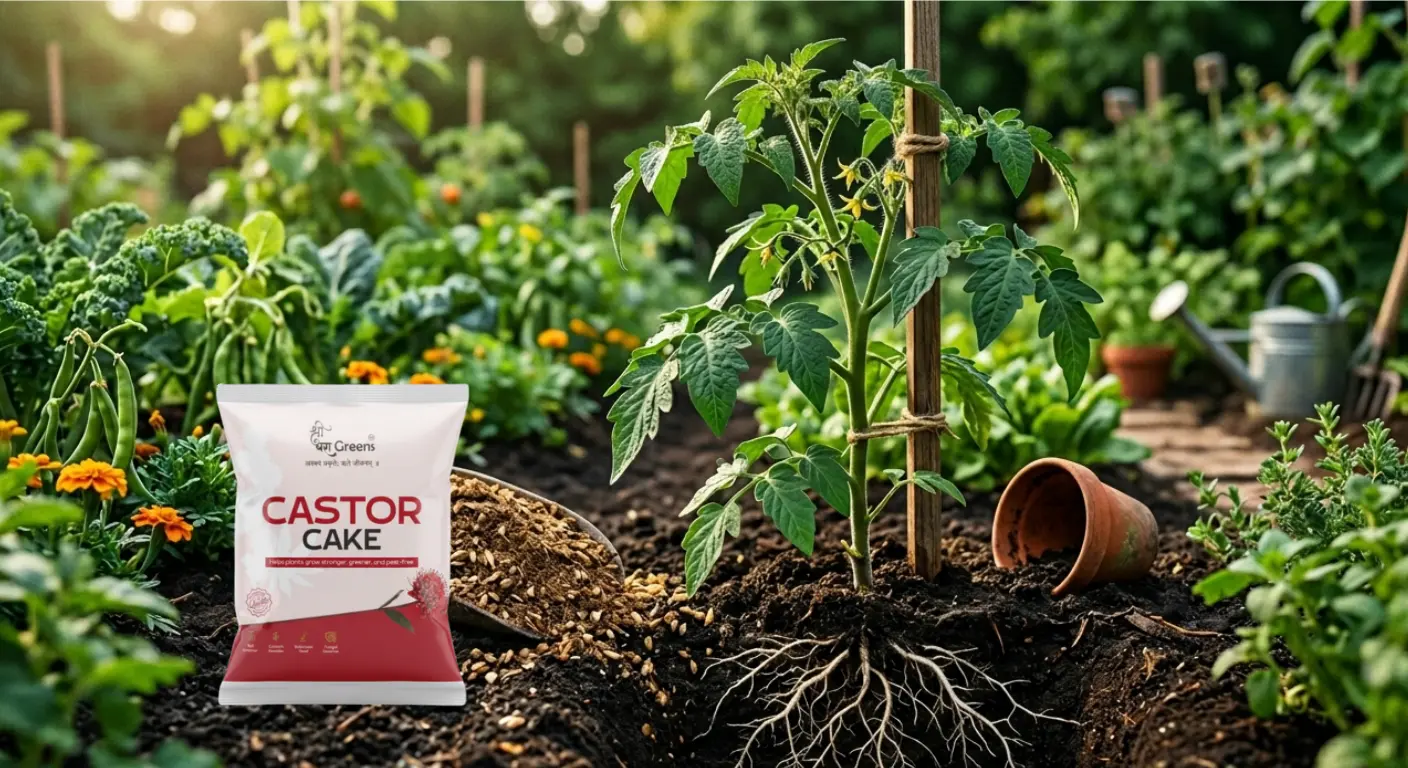 Castor Cake Fertilizer being applied to a healthy tomato plant in an organic garden with visible roots and rich soil