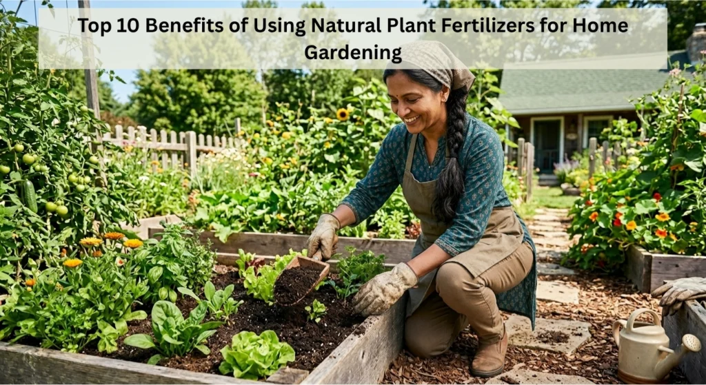 Woman gardening in a backyard, adding natural fertilizer to a raised garden bed with leafy vegetables
