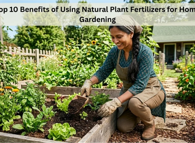 Woman gardening in a backyard, adding natural fertilizer to a raised garden bed with leafy vegetables