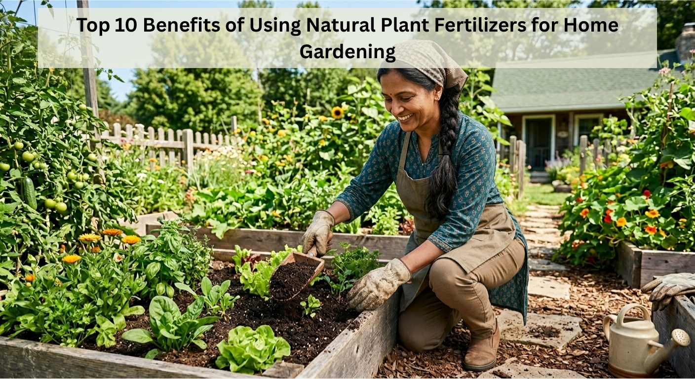 Woman gardening in a backyard, adding natural fertilizer to a raised garden bed with leafy vegetables