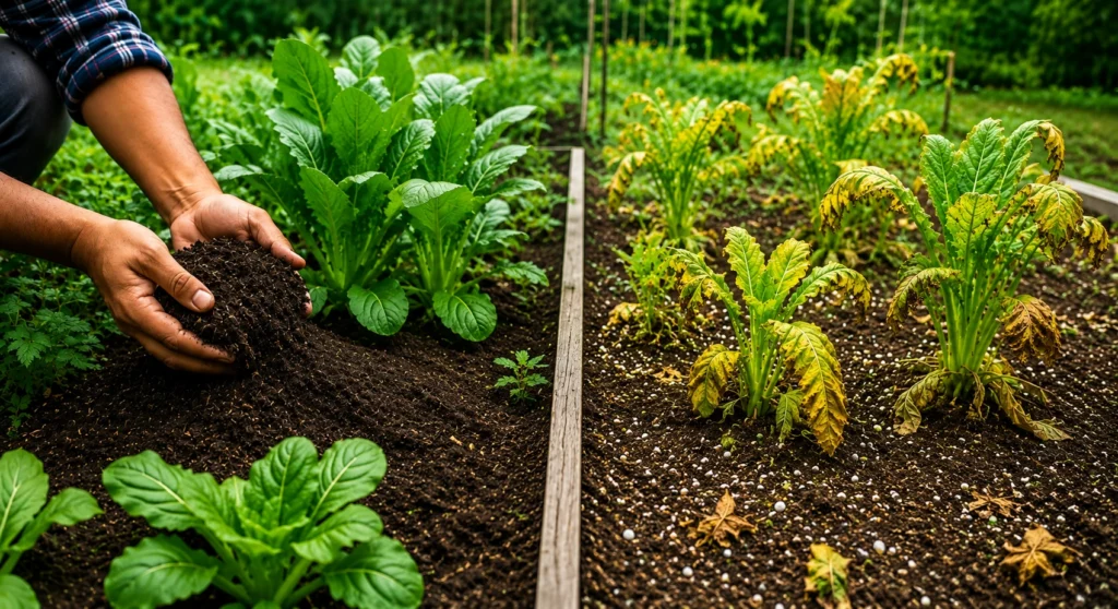 Natural fertilizers being added to healthy green garden plants beside damaged plants affected by excessive fertilizer use.