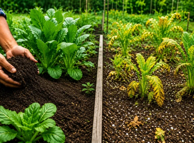 Natural fertilizers being added to healthy green garden plants beside damaged plants affected by excessive fertilizer use.