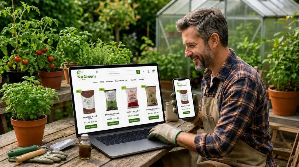 Gardener buying fertilizer online using laptop and mobile in a greenhouse for better plant growth and garden care