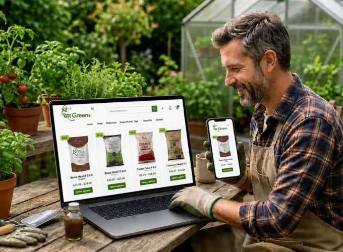 Gardener buying fertilizer online using laptop and mobile in a greenhouse for better plant growth and garden care