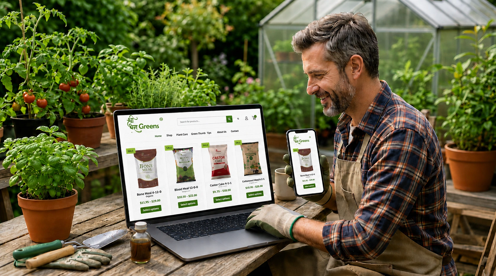 Gardener buying fertilizer online using laptop and mobile in a greenhouse for better plant growth and garden care