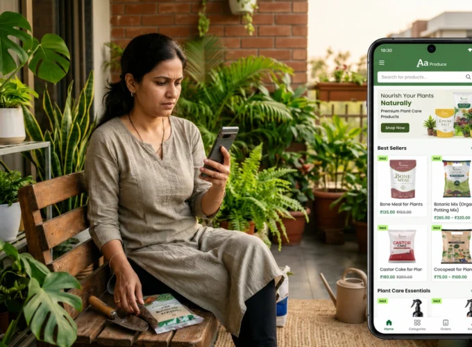 Woman buying fertilizer online for balcony garden plants using mobile shopping app
