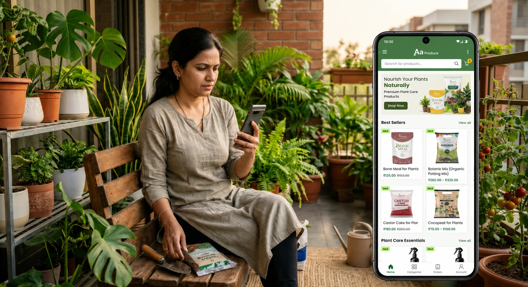 Woman buying fertilizer online for balcony garden plants using mobile shopping app