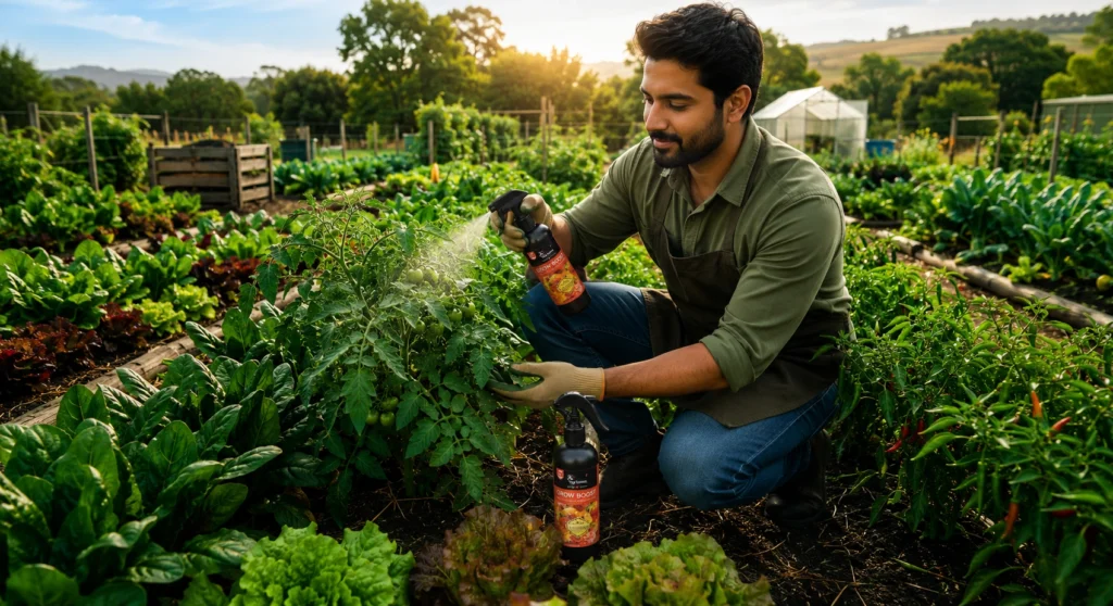 Gardener spraying organic growth promoter on healthy vegetable plants in a home garden during sunset