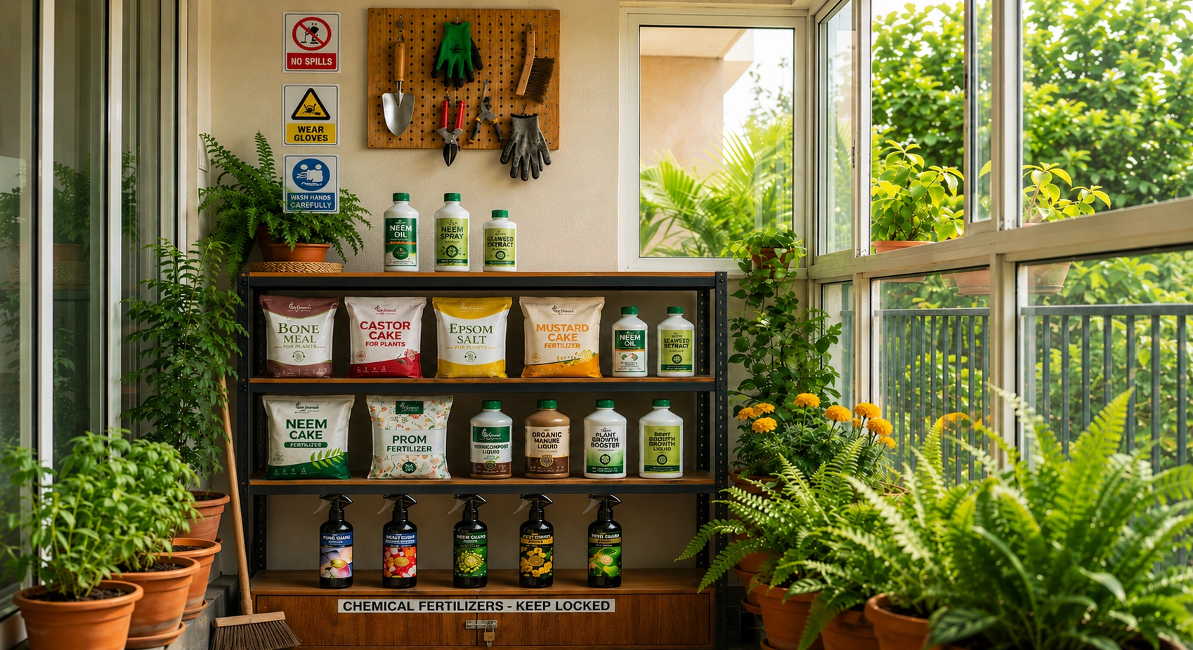 Organized fertilizer storage shelf with organic fertilizers, gardening tools, safety signs, and healthy plants in a home garden balcony.