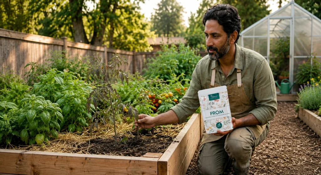 Gardener checking unhealthy vegetable plant and using Phosphorus Fertilizer in a raised garden bed