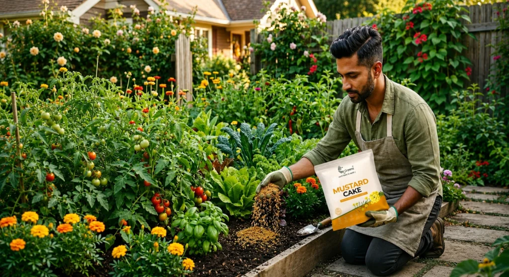 Gardener applying mustard cake fertilizer to vegetable and flowering plants in a healthy home garden.
