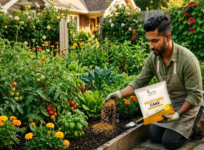 Gardener applying mustard cake fertilizer to vegetable and flowering plants in a healthy home garden.